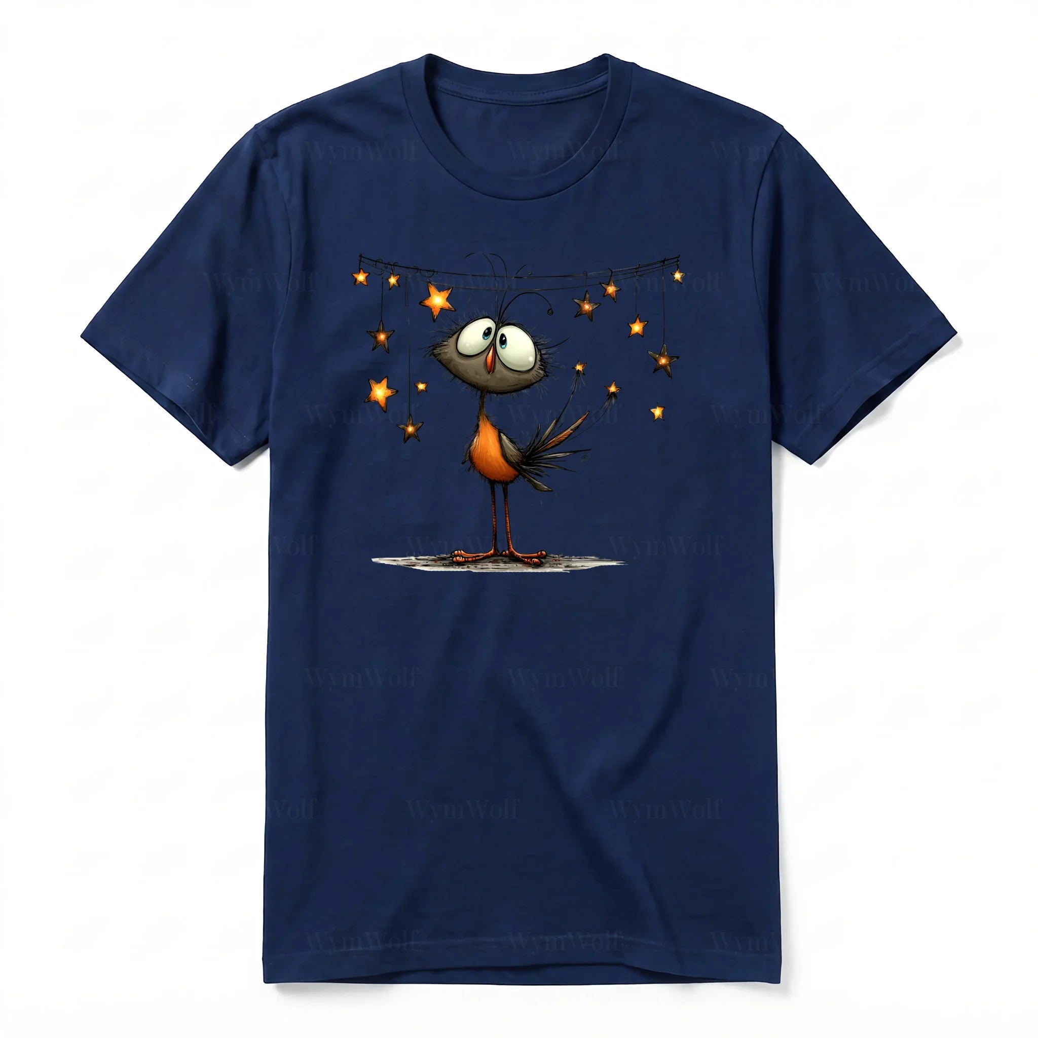 A navy short-sleeve crewneck t-shirt for adult featuring a graphic of a quirky bird on the front.