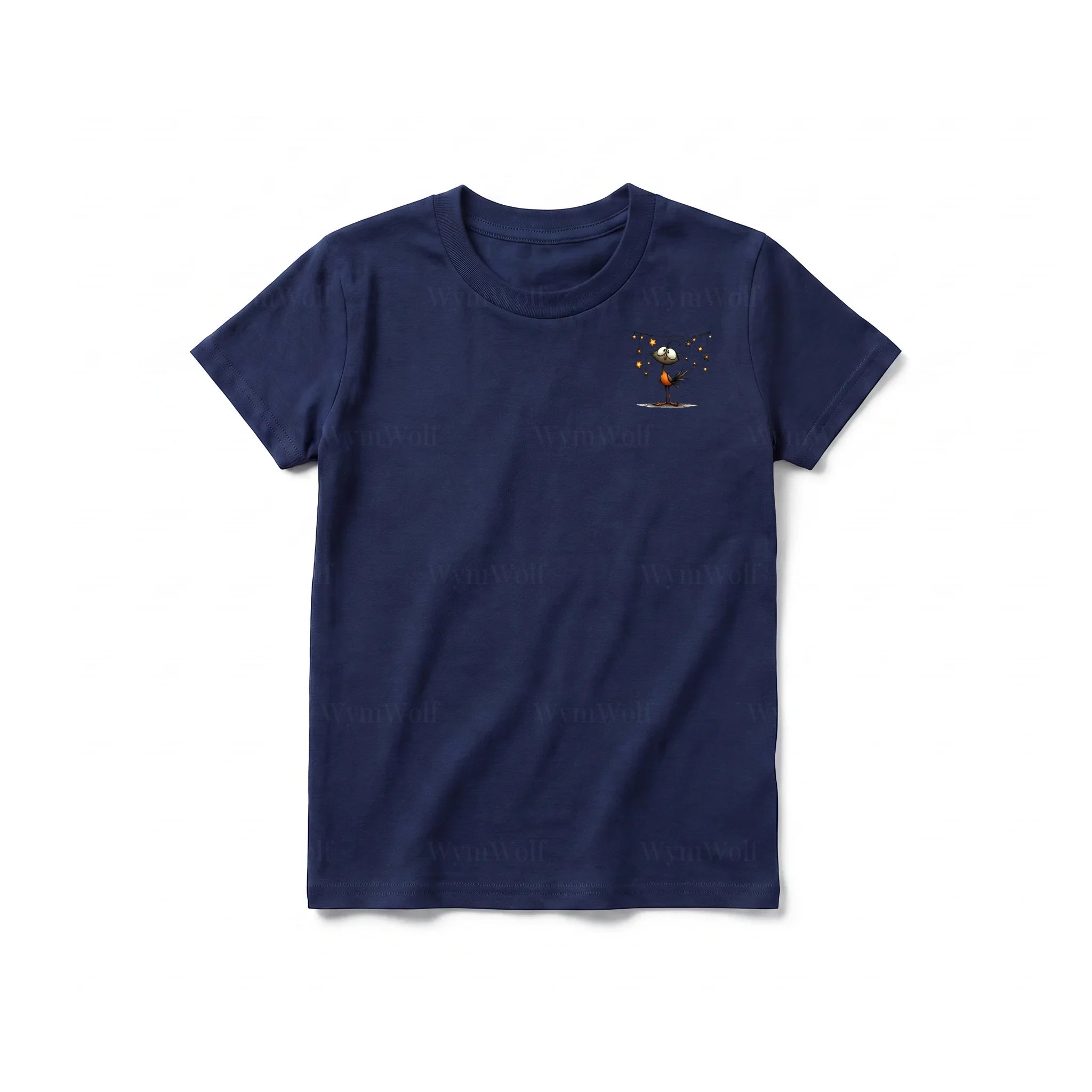 A navy short-sleeve crewneck t-shirt for youth featuring a graphic of a quirky bird on the left chest.