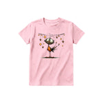 A pink short-sleeve crewneck t-shirt for youth featuring a graphic of a quirky bird on the front.