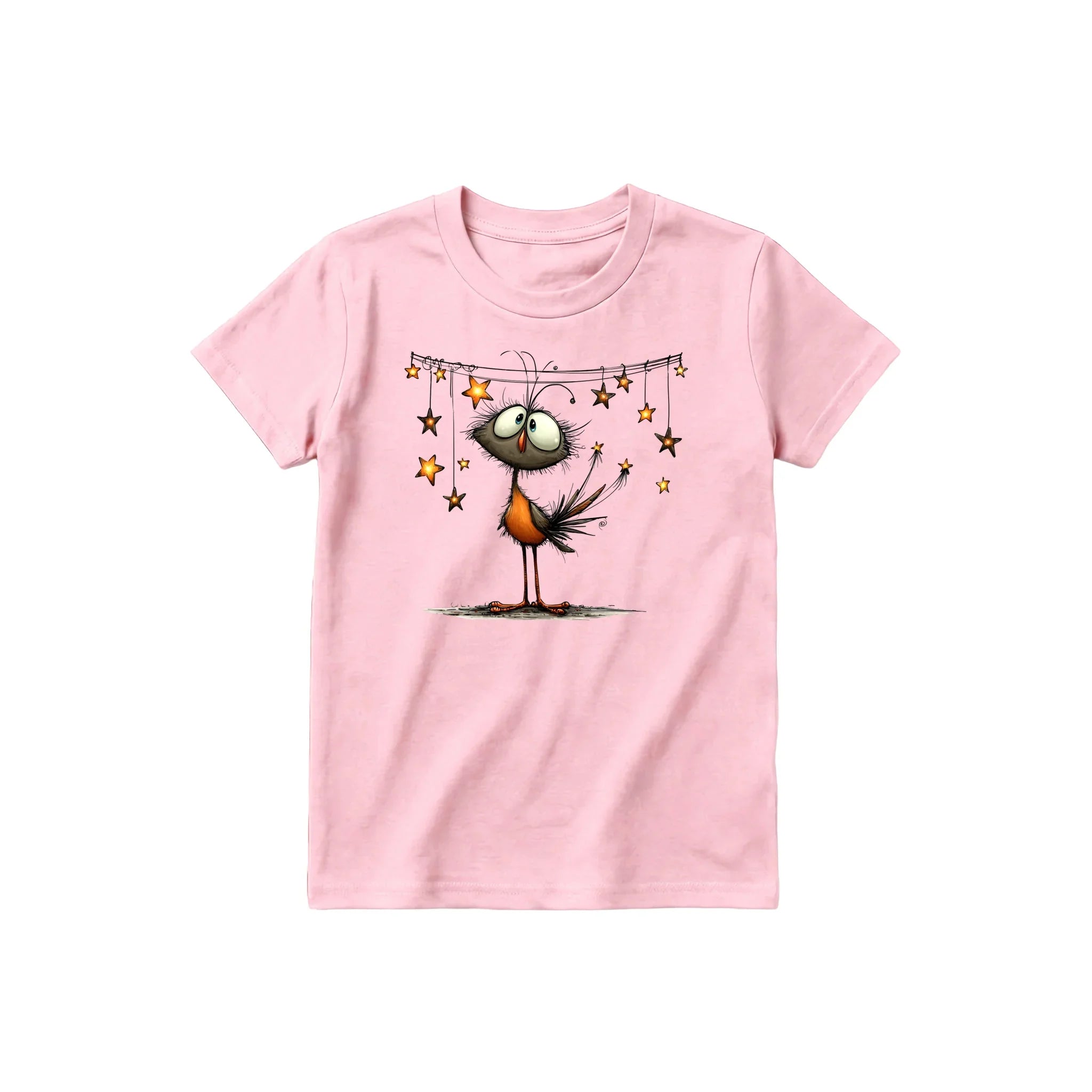A pink short-sleeve crewneck t-shirt for youth featuring a graphic of a quirky bird on the front.