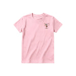 A pink short-sleeve crewneck t-shirt for youth featuring a graphic of a quirky bird on the left chest.