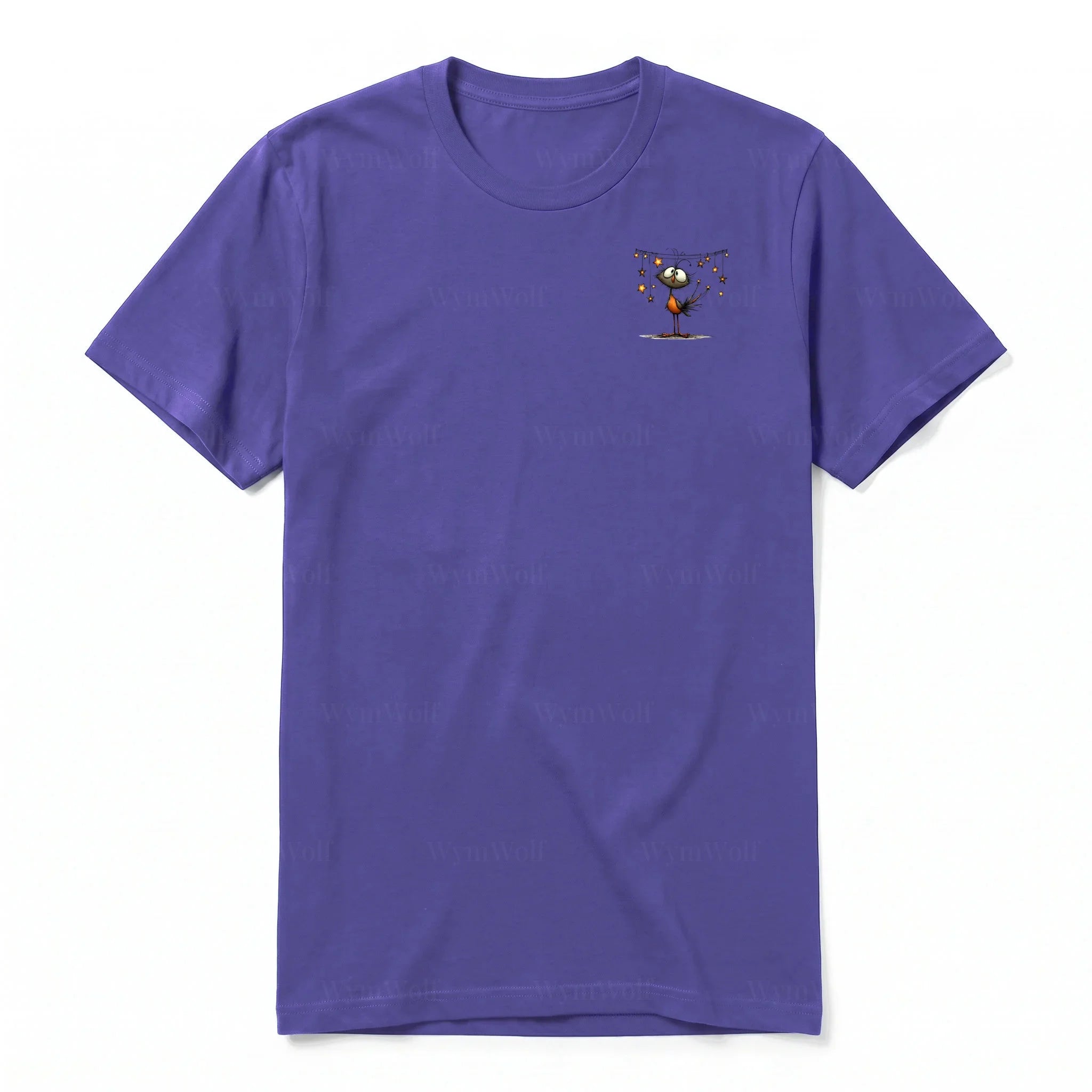 A purple short-sleeve crewneck t-shirt for adult featuring a graphic of a quirky bird on the left chest.