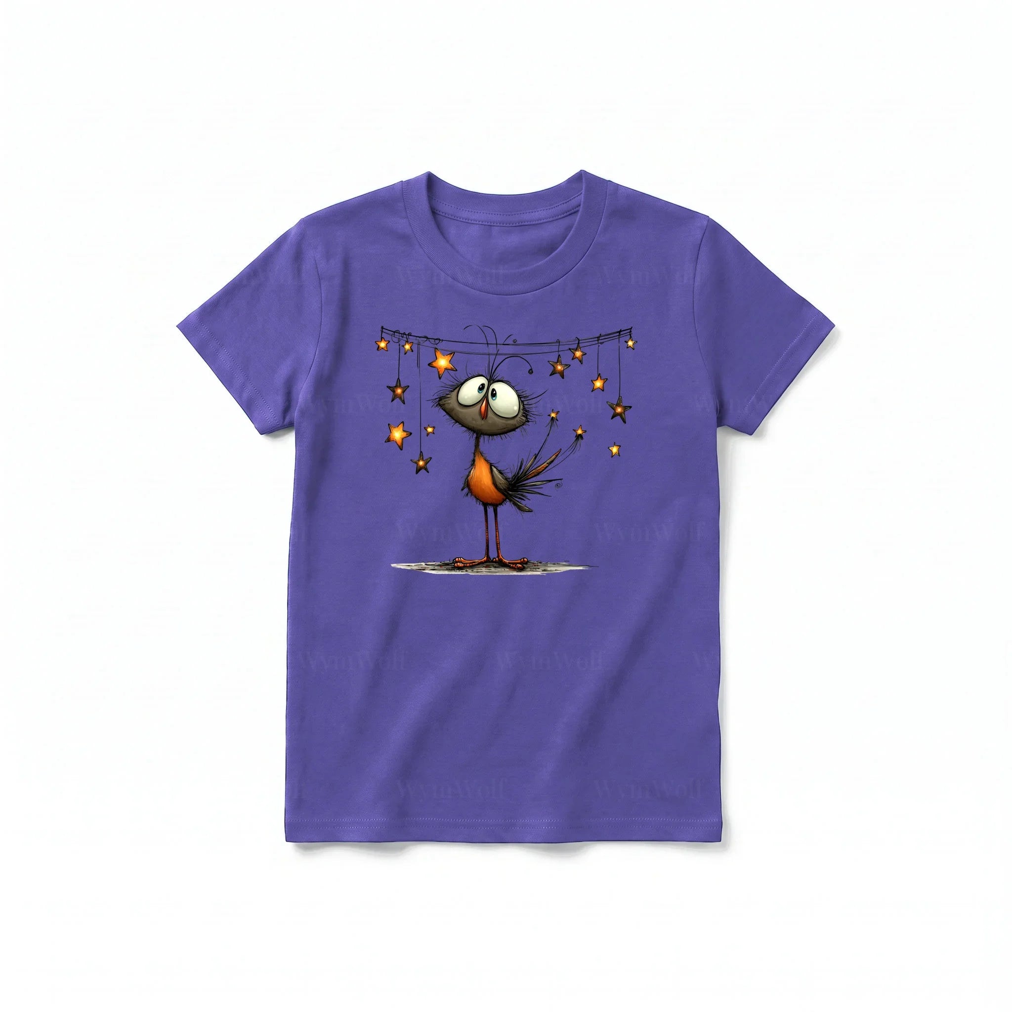 A purple short-sleeve crewneck t-shirt for youth featuring a graphic of a quirky bird on the front.