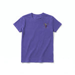 A purple short-sleeve crewneck t-shirt for youth featuring a graphic of a quirky bird on the left chest.