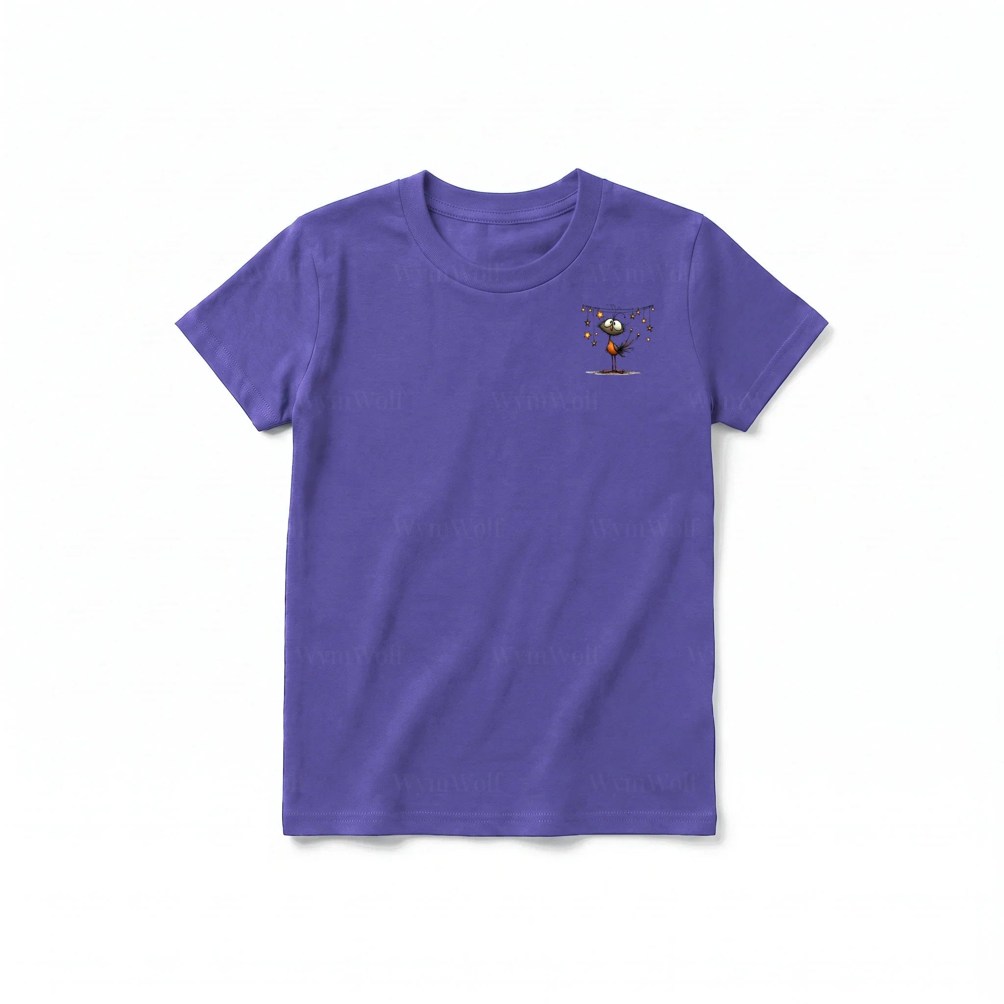 A purple short-sleeve crewneck t-shirt for youth featuring a graphic of a quirky bird on the left chest.