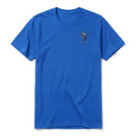 A royal short-sleeve crewneck t-shirt for adult featuring a graphic of a quirky bird on the left chest.