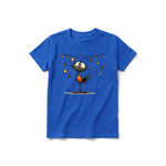 A royal short-sleeve crewneck t-shirt for youth featuring a graphic of a quirky bird on the front.