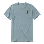 A sage short-sleeve crewneck t-shirt for adult featuring a graphic of a quirky bird on the left chest.