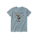 A sage short-sleeve crewneck t-shirt for youth featuring a graphic of a quirky bird on the front.