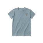 A sage short-sleeve crewneck t-shirt for youth featuring a graphic of a quirky bird on the left chest.