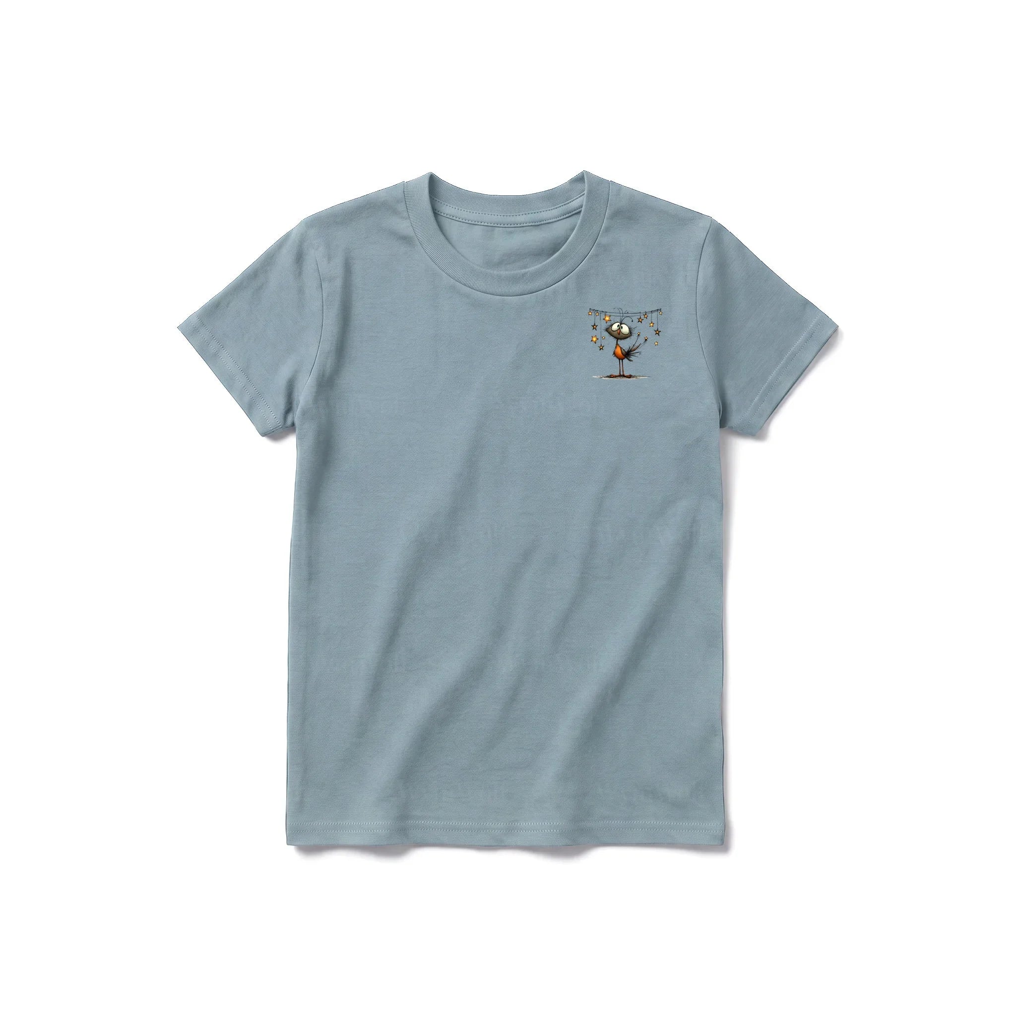 A sage short-sleeve crewneck t-shirt for youth featuring a graphic of a quirky bird on the left chest.