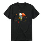 A black short-sleeve crewneck t-shirt for adult featuring a graphic of a quirky bird on the front.