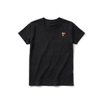 A black short-sleeve crewneck t-shirt for youth featuring a graphic of a quirky bird on the left chest.