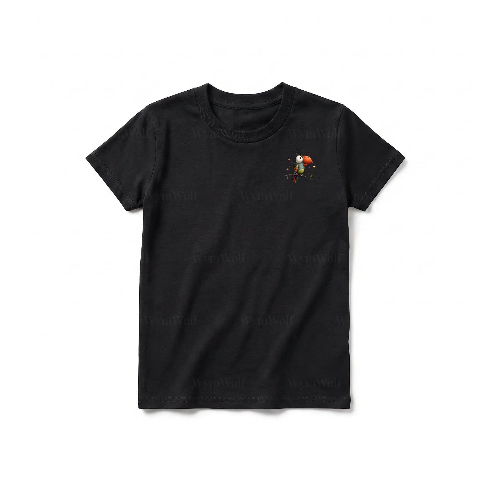 A black short-sleeve crewneck t-shirt for youth featuring a graphic of a quirky bird on the left chest.
