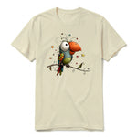 A latte short-sleeve crewneck t-shirt for adult featuring a graphic of a quirky bird on the front.