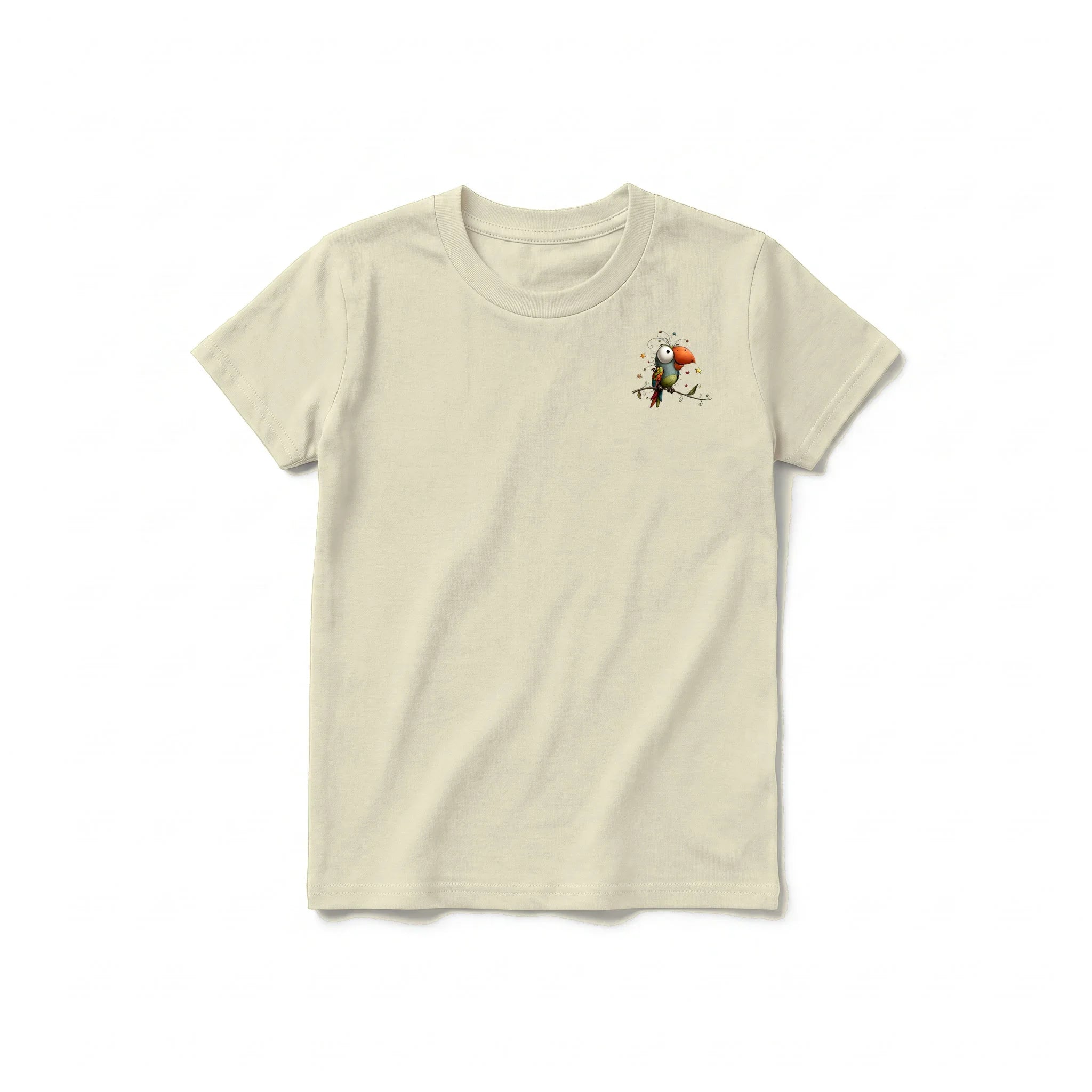 A latte short-sleeve crewneck t-shirt for youth featuring a graphic of a quirky bird on the left chest.
