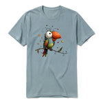 A sage short-sleeve crewneck t-shirt for adult featuring a graphic of a quirky bird on the front.