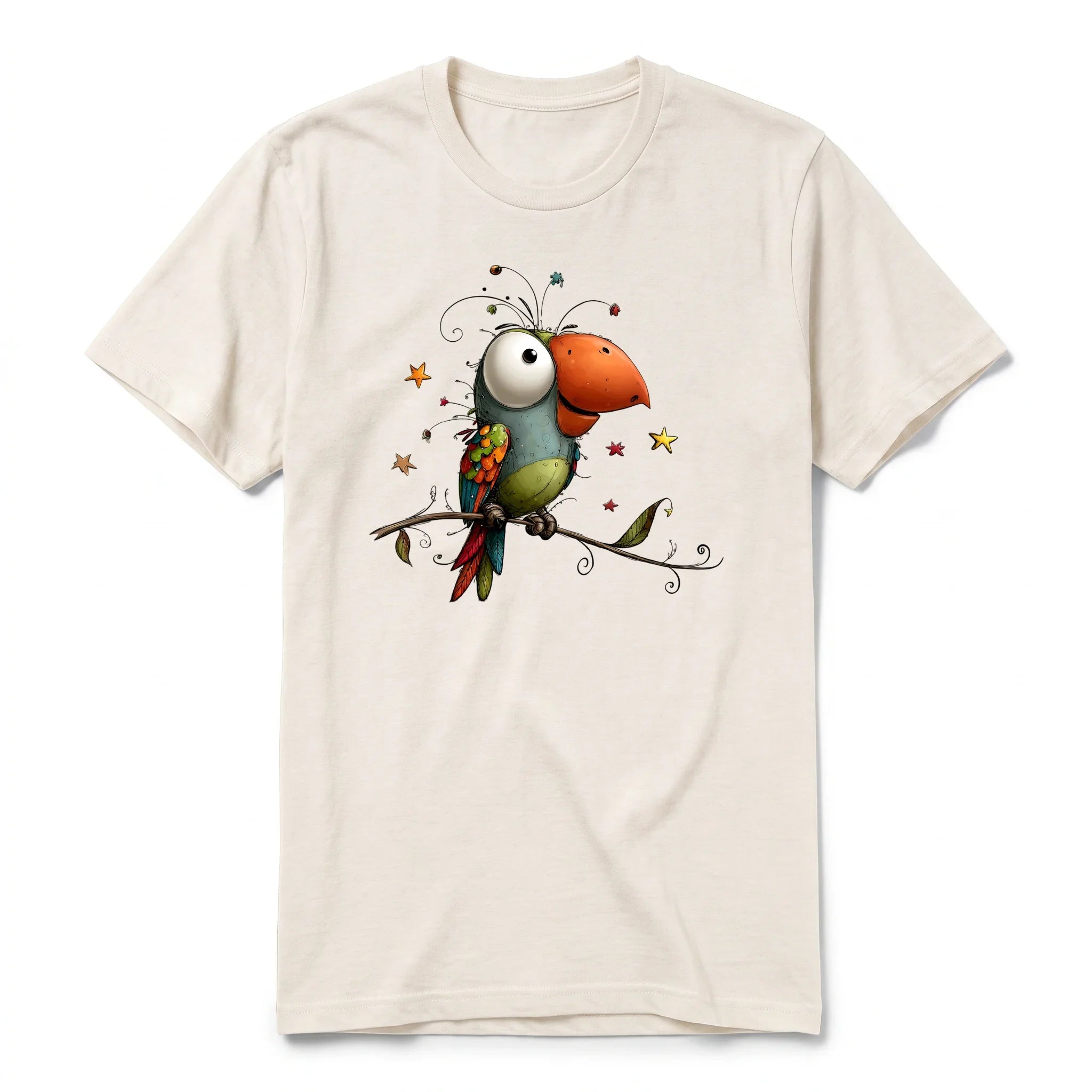 Un T-shirt blanc vintage à manches courtes et col rond, orné d'un motif représentant un oiseau excentrique sur le devant.