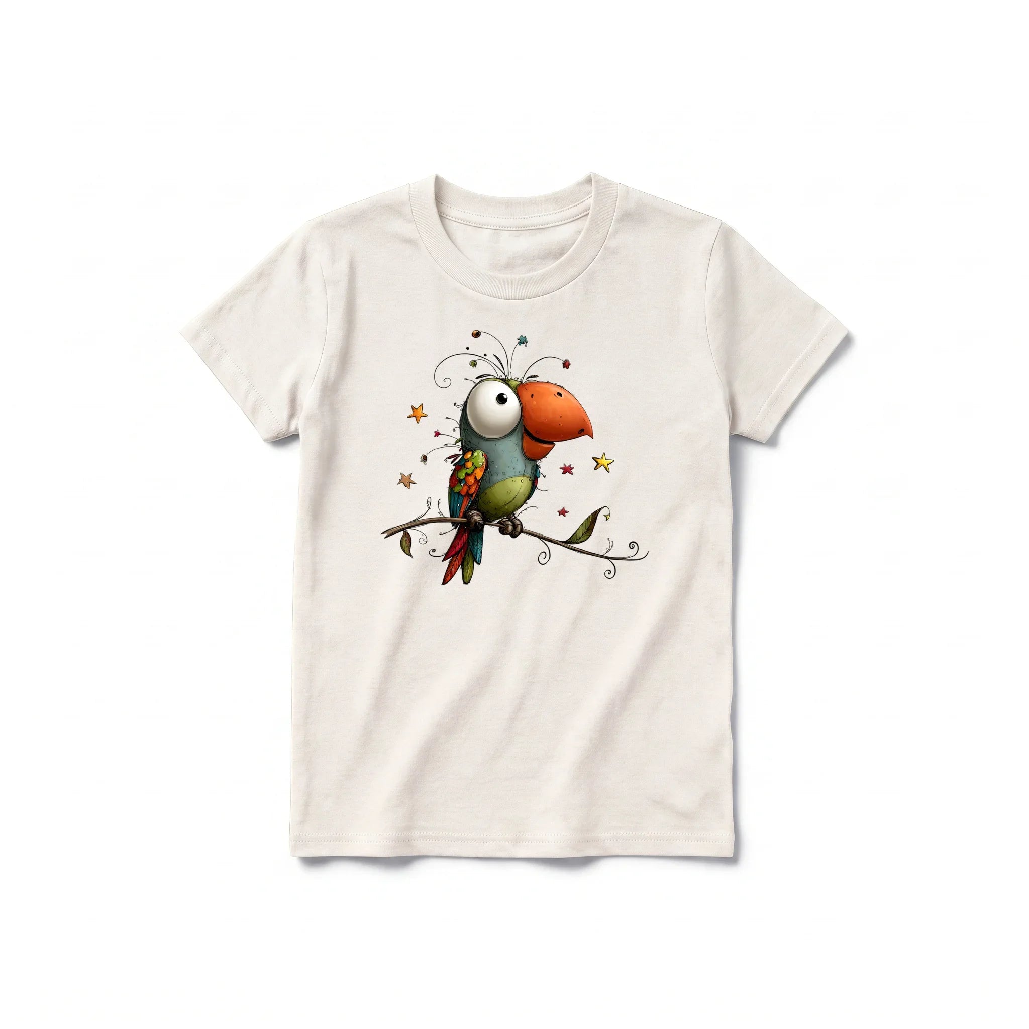 Un T-shirt blanc vintage à manches courtes et col rond pour jeune, orné d'un motif représentant un oiseau excentrique sur le devant.