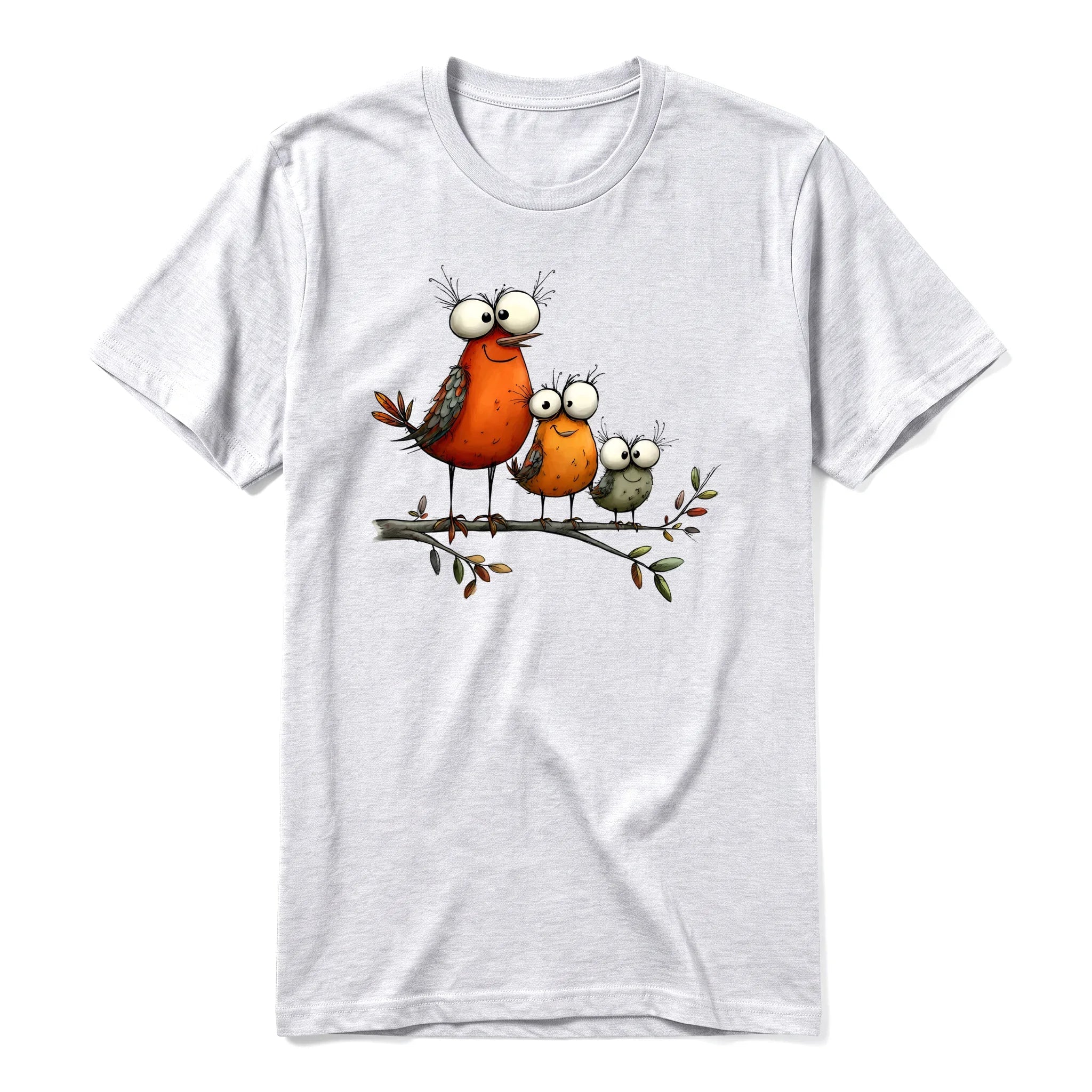 Un T-shirt gris cendré à manches courtes et col rond, orné d'un motif représentant un oiseau excentrique sur le devant.