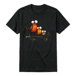 A black short-sleeve crewneck t-shirt for adult featuring a graphic of a quirky bird on the front.