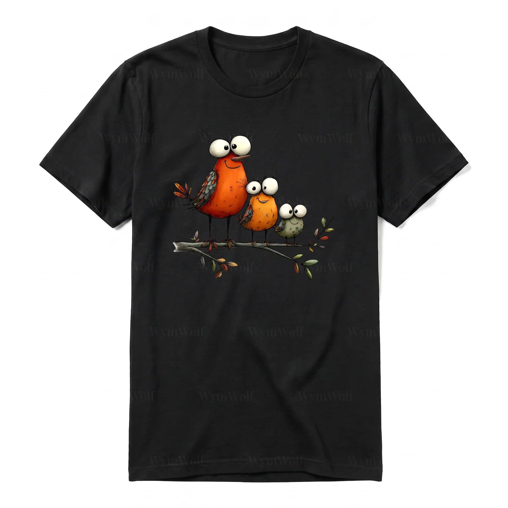 A black short-sleeve crewneck t-shirt for adult featuring a graphic of a quirky bird on the front.