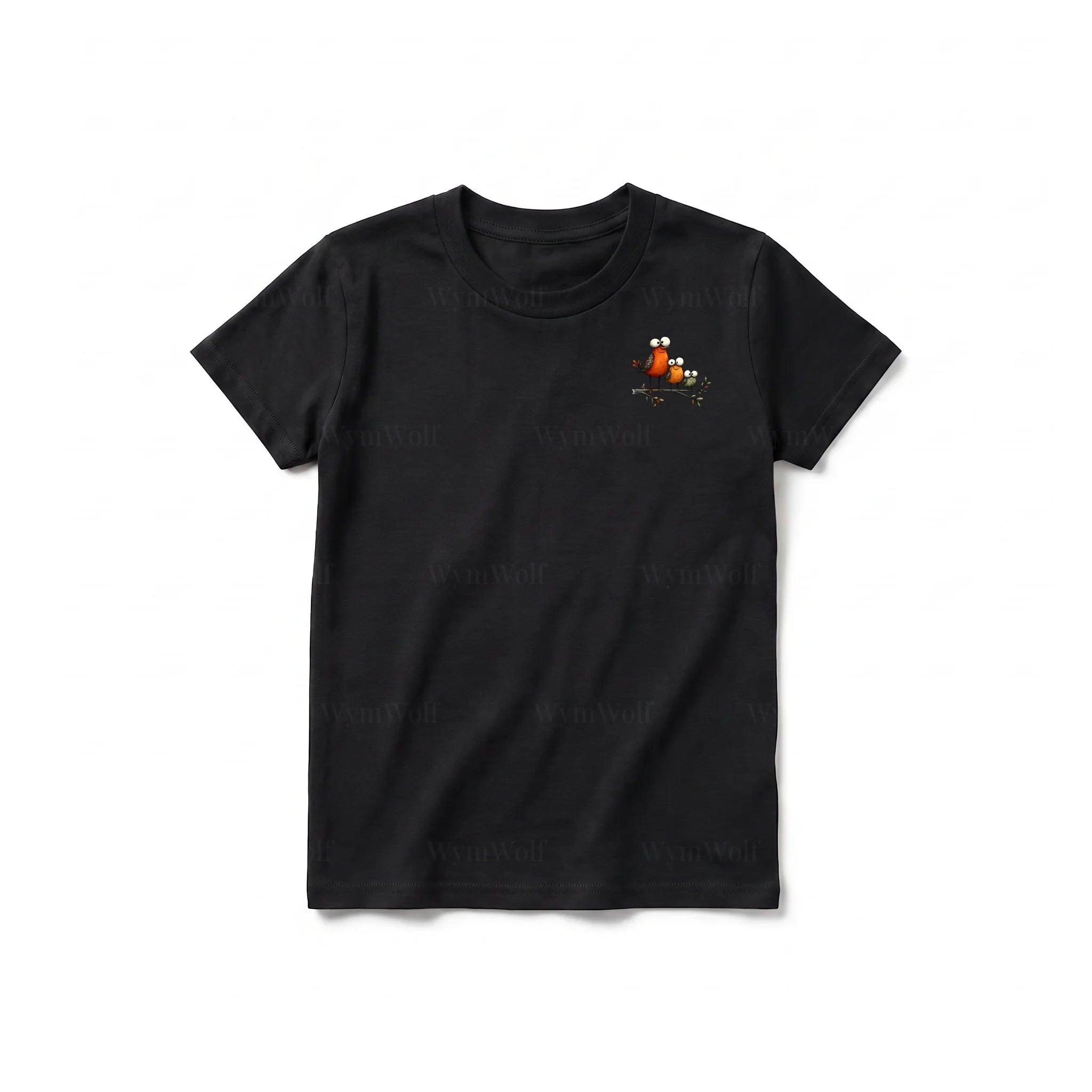 A black short-sleeve crewneck t-shirt for youth featuring a graphic of a quirky bird on the left chest.