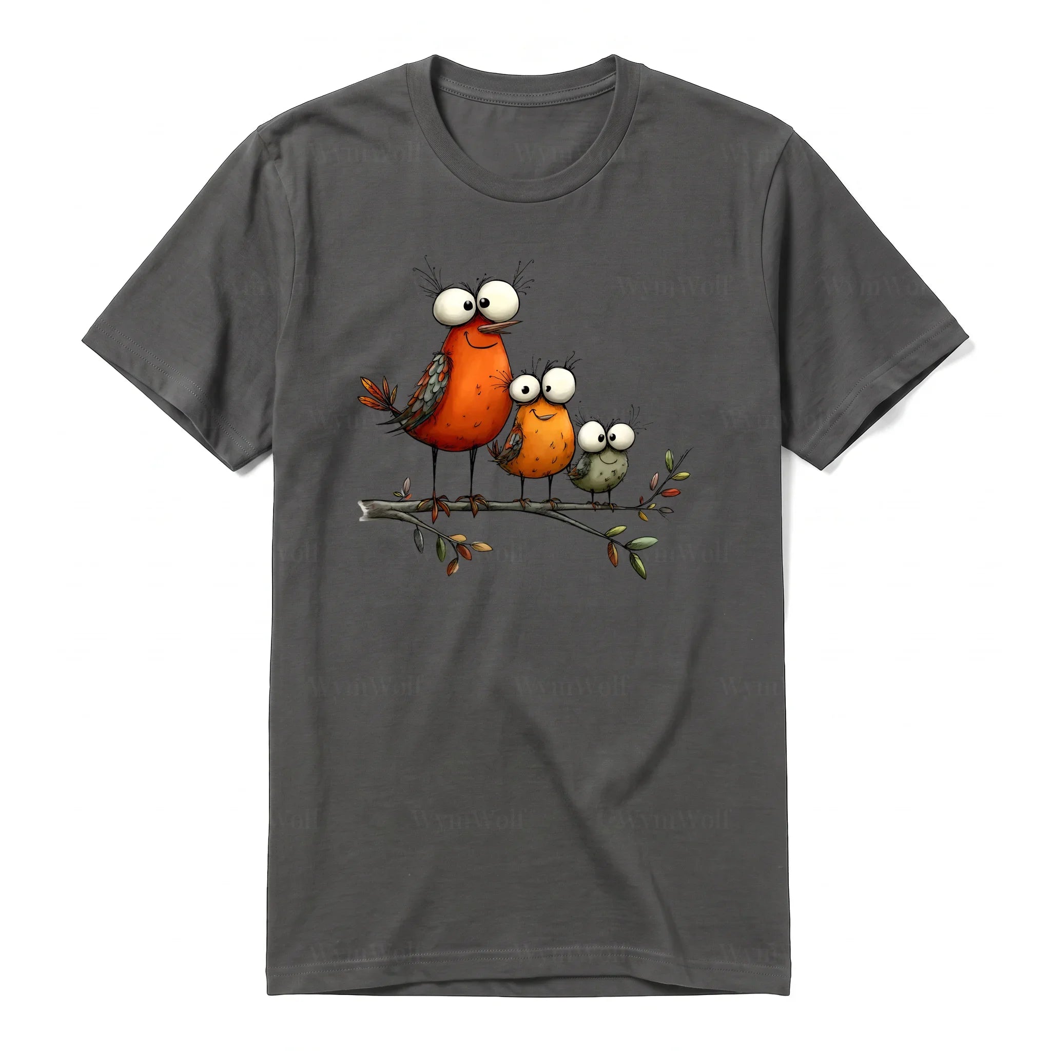 Un T-shirt charbon à manches courtes et col rond, orné d'un motif représentant un oiseau excentrique sur le devant.