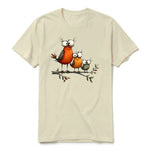 A latte short-sleeve crewneck t-shirt for adult featuring a graphic of a quirky bird on the front.
