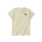 A latte short-sleeve crewneck t-shirt for youth featuring a graphic of a quirky bird on the left chest.