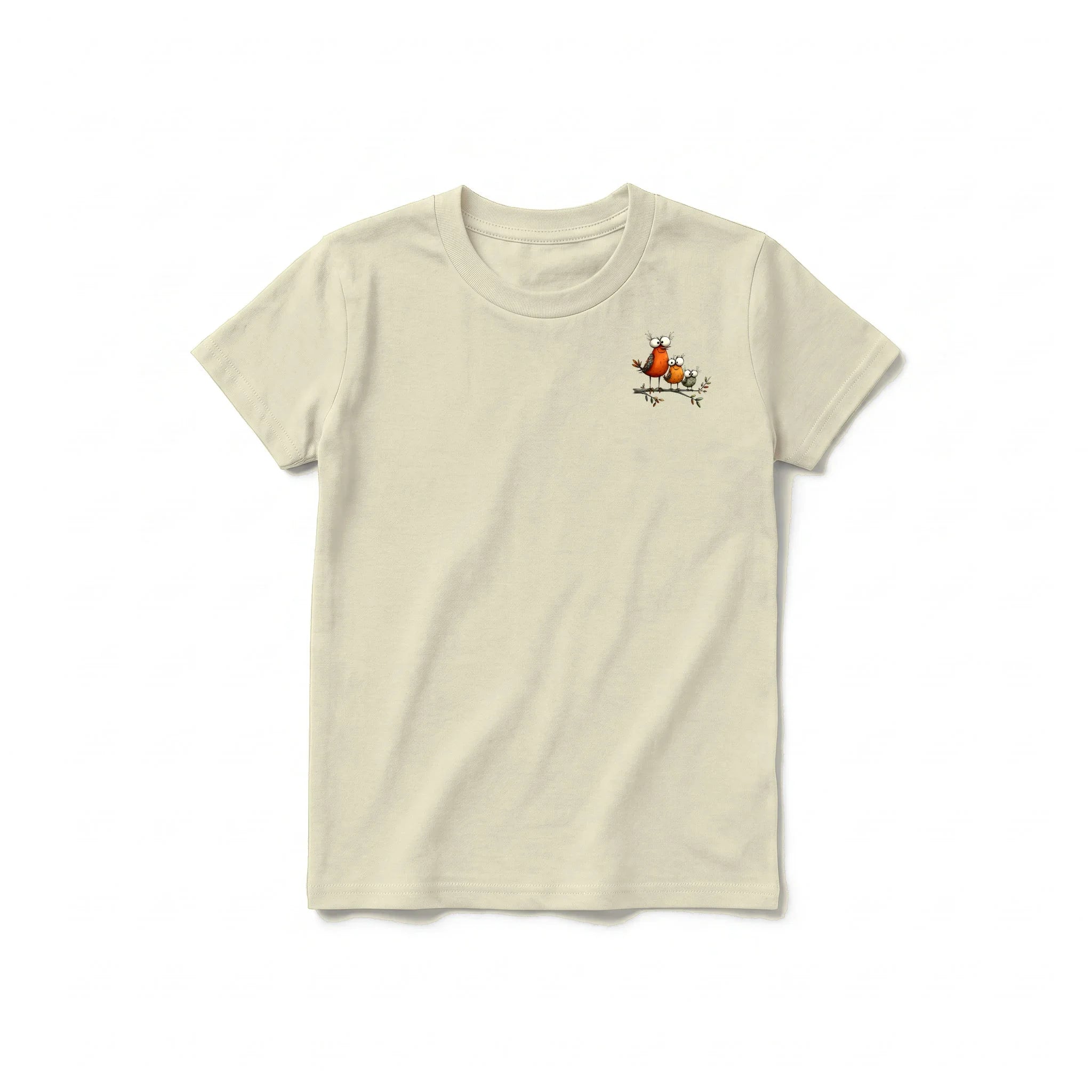 A latte short-sleeve crewneck t-shirt for youth featuring a graphic of a quirky bird on the left chest.