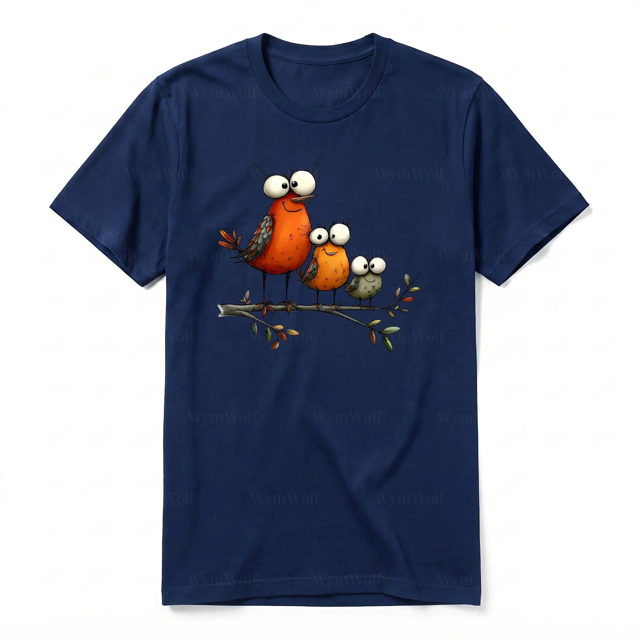 Un T-shirt marine à manches courtes et col rond, orné d'un motif représentant un oiseau excentrique sur le devant.