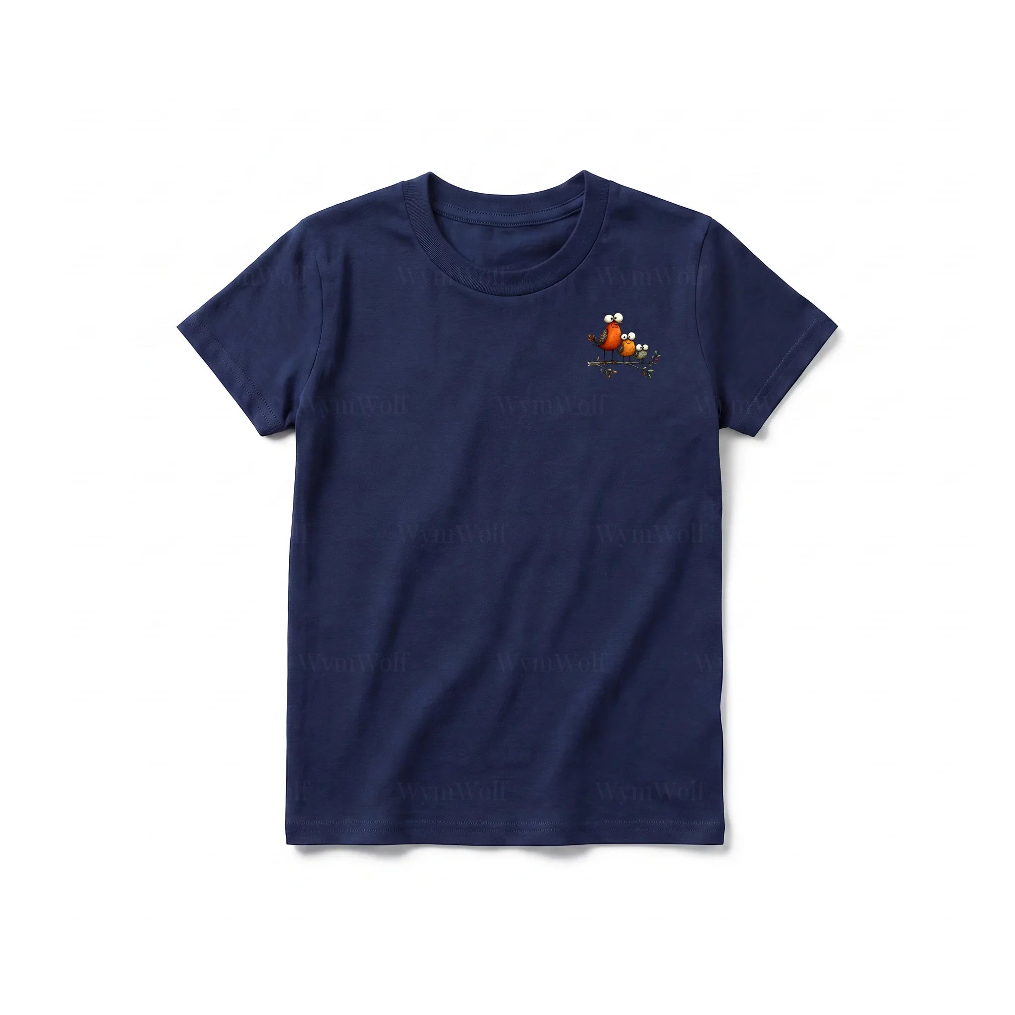 Un T-shirt marine à manches courtes et col rond pour jeune, orné d'un motif représentant un oiseau excentrique sur la poitrine gauche.