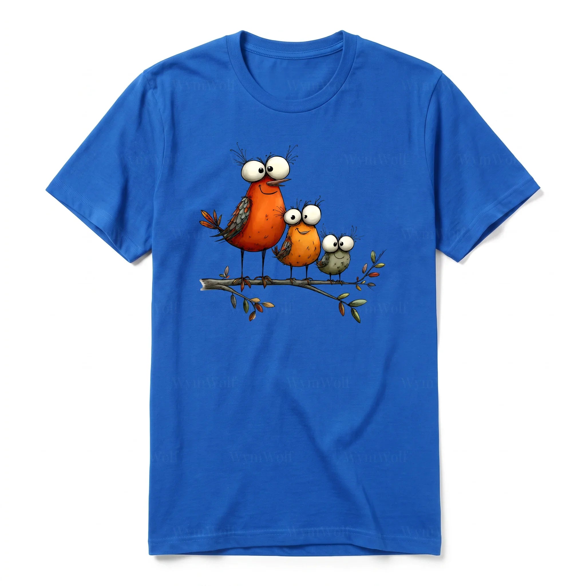 Un T-shirt royal à manches courtes et col rond, orné d'un motif représentant un oiseau excentrique sur le devant.