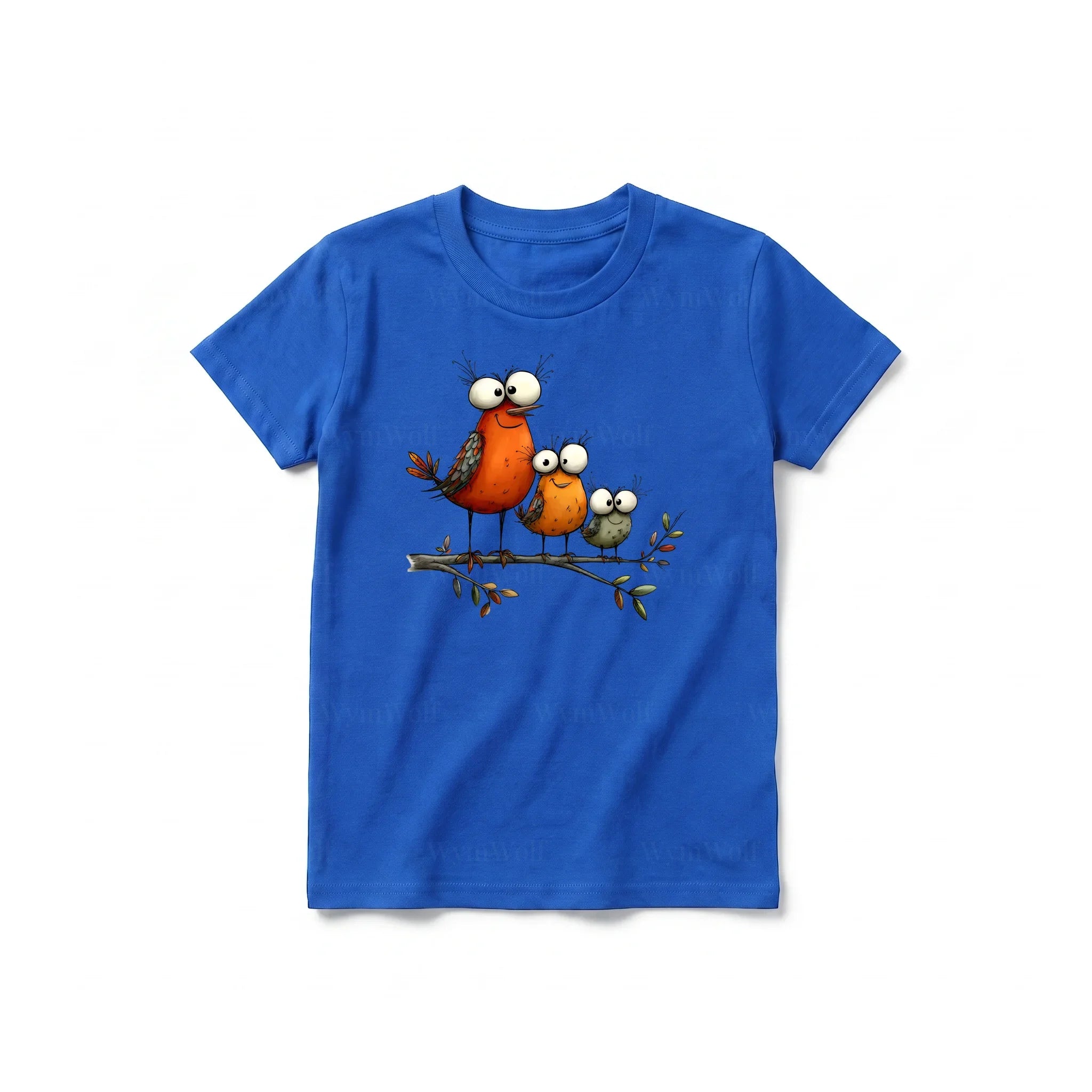 Un T-shirt royal à manches courtes et col rond pour jeune, orné d'un motif représentant un oiseau excentrique sur le devant.