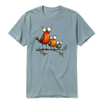 A sage short-sleeve crewneck t-shirt for adult featuring a graphic of a quirky bird on the front.