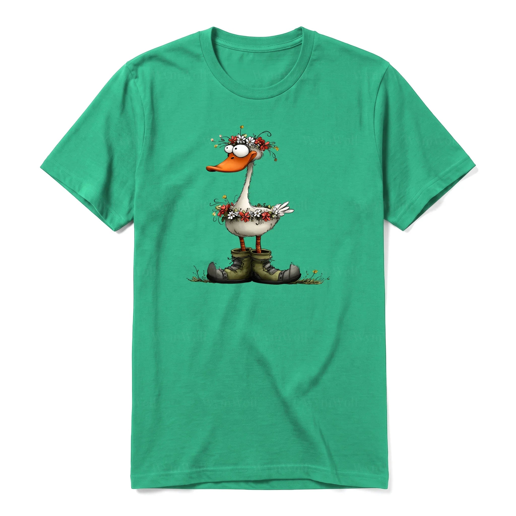 Un T-shirt kelly à manches courtes et col rond, orné d'un motif représentant un oiseau excentrique sur le devant.