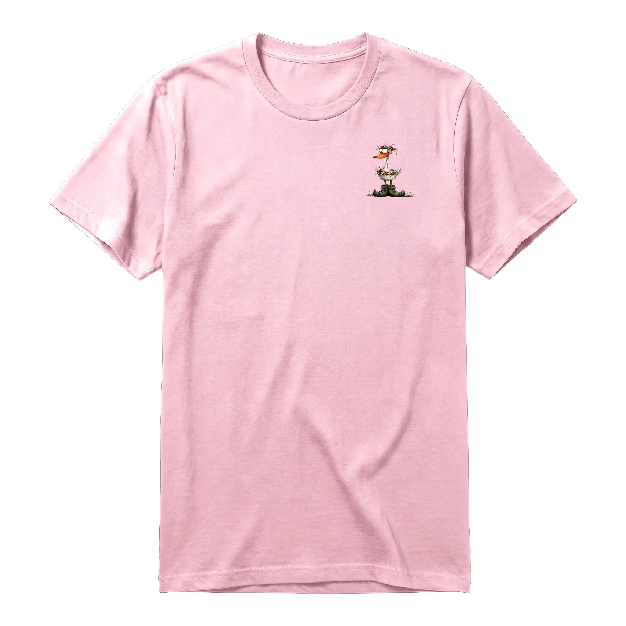 A pink short-sleeve crewneck t-shirt for adult featuring a graphic of a quirky bird on the left chest.