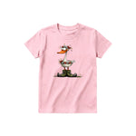 A pink short-sleeve crewneck t-shirt for youth featuring a graphic of a quirky bird on the front.