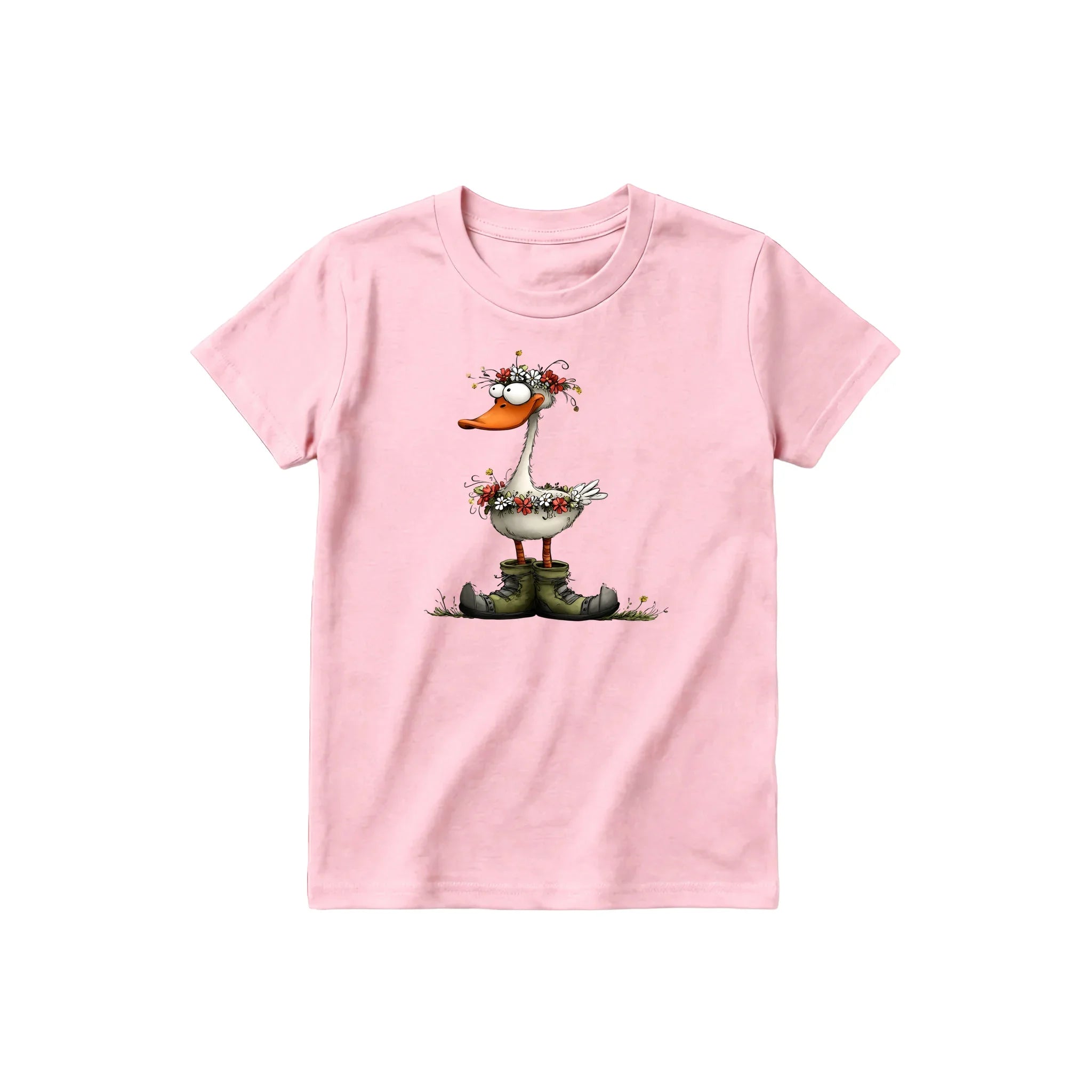 A pink short-sleeve crewneck t-shirt for youth featuring a graphic of a quirky bird on the front.