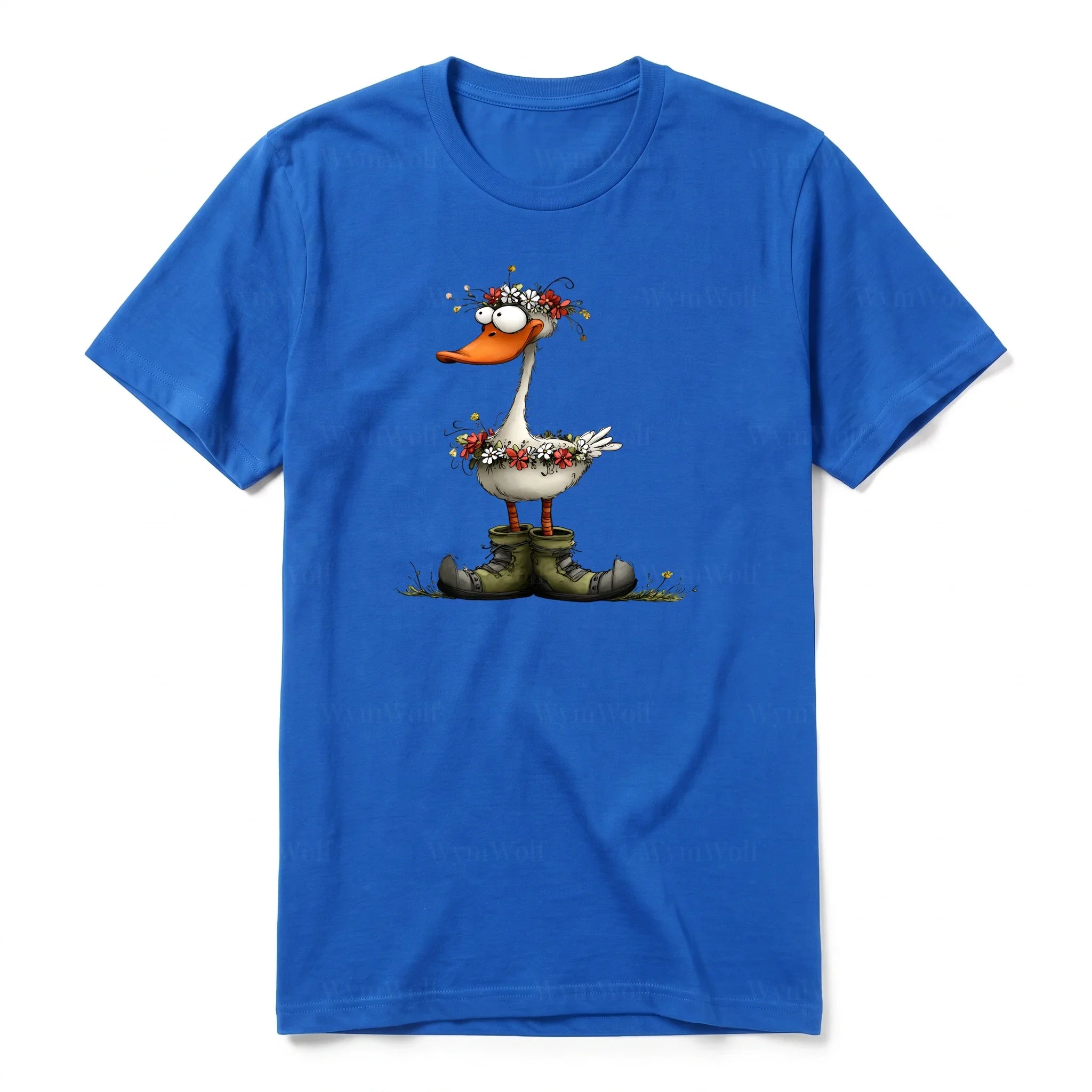 A royal short-sleeve crewneck t-shirt for adult featuring a graphic of a quirky bird on the front.