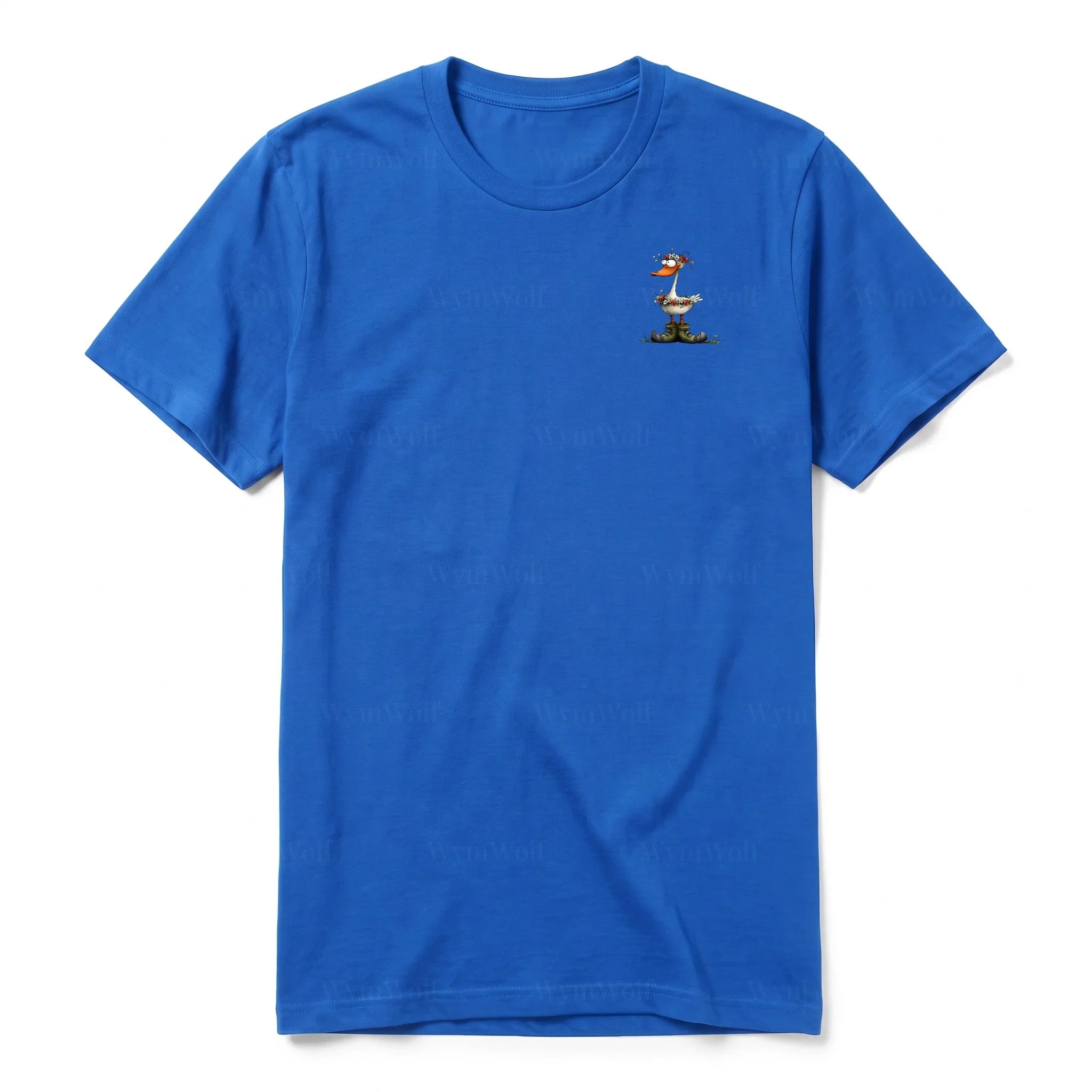 A royal short-sleeve crewneck t-shirt for adult featuring a graphic of a quirky bird on the left chest.