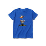 A royal short-sleeve crewneck t-shirt for youth featuring a graphic of a quirky bird on the front.
