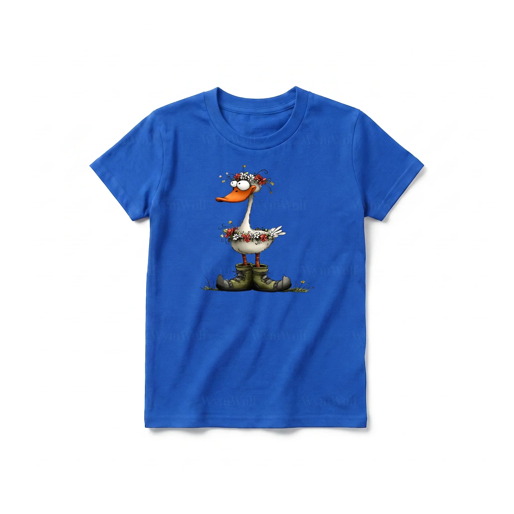 A royal short-sleeve crewneck t-shirt for youth featuring a graphic of a quirky bird on the front.