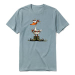 A sage short-sleeve crewneck t-shirt for adult featuring a graphic of a quirky bird on the front.