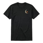 A black short-sleeve crewneck t-shirt for adult featuring a graphic of a quirky bird on the left chest.