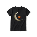 A black short-sleeve crewneck t-shirt for youth featuring a graphic of a quirky bird on the front.