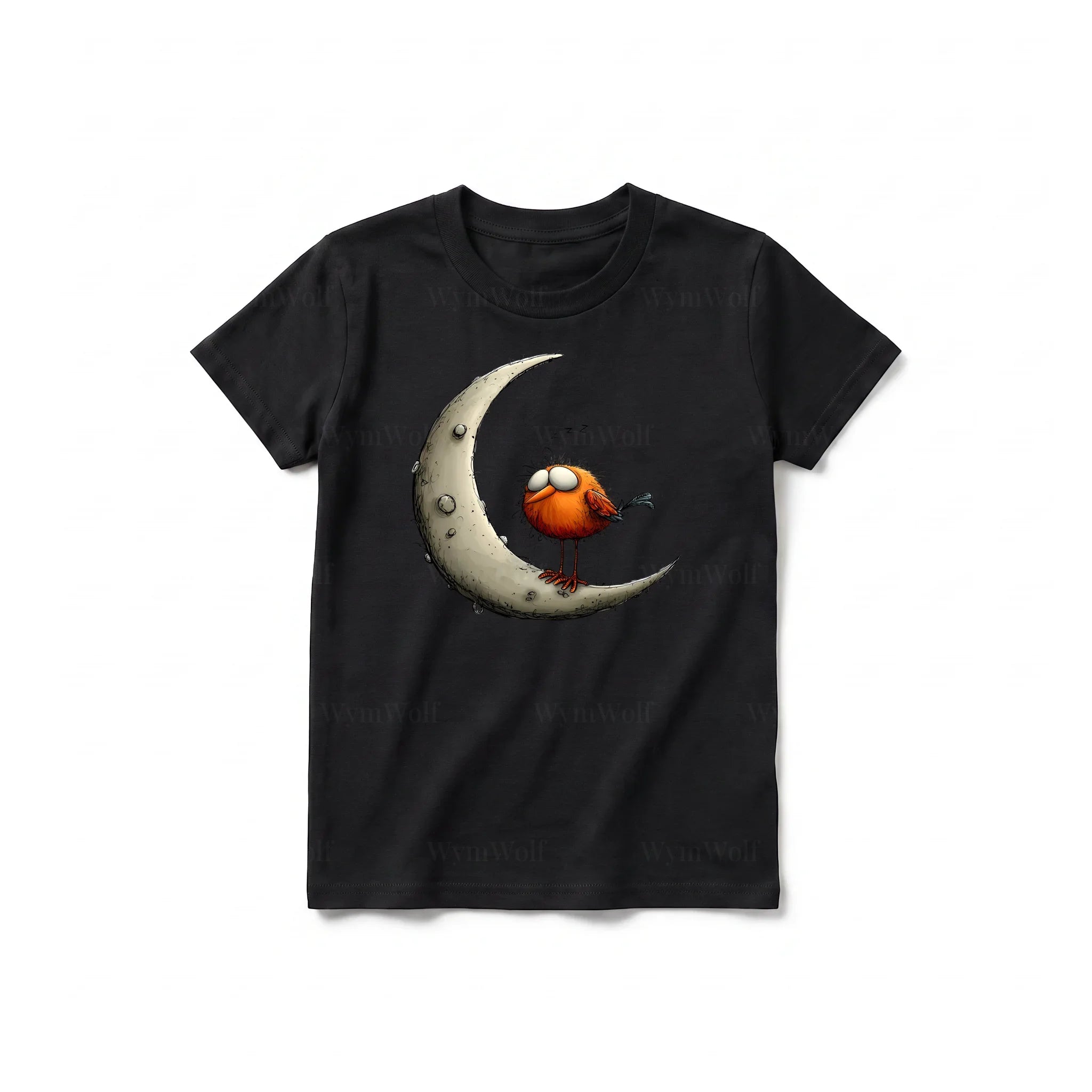 A black short-sleeve crewneck t-shirt for youth featuring a graphic of a quirky bird on the front.