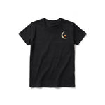A black short-sleeve crewneck t-shirt for youth featuring a graphic of a quirky bird on the left chest.
