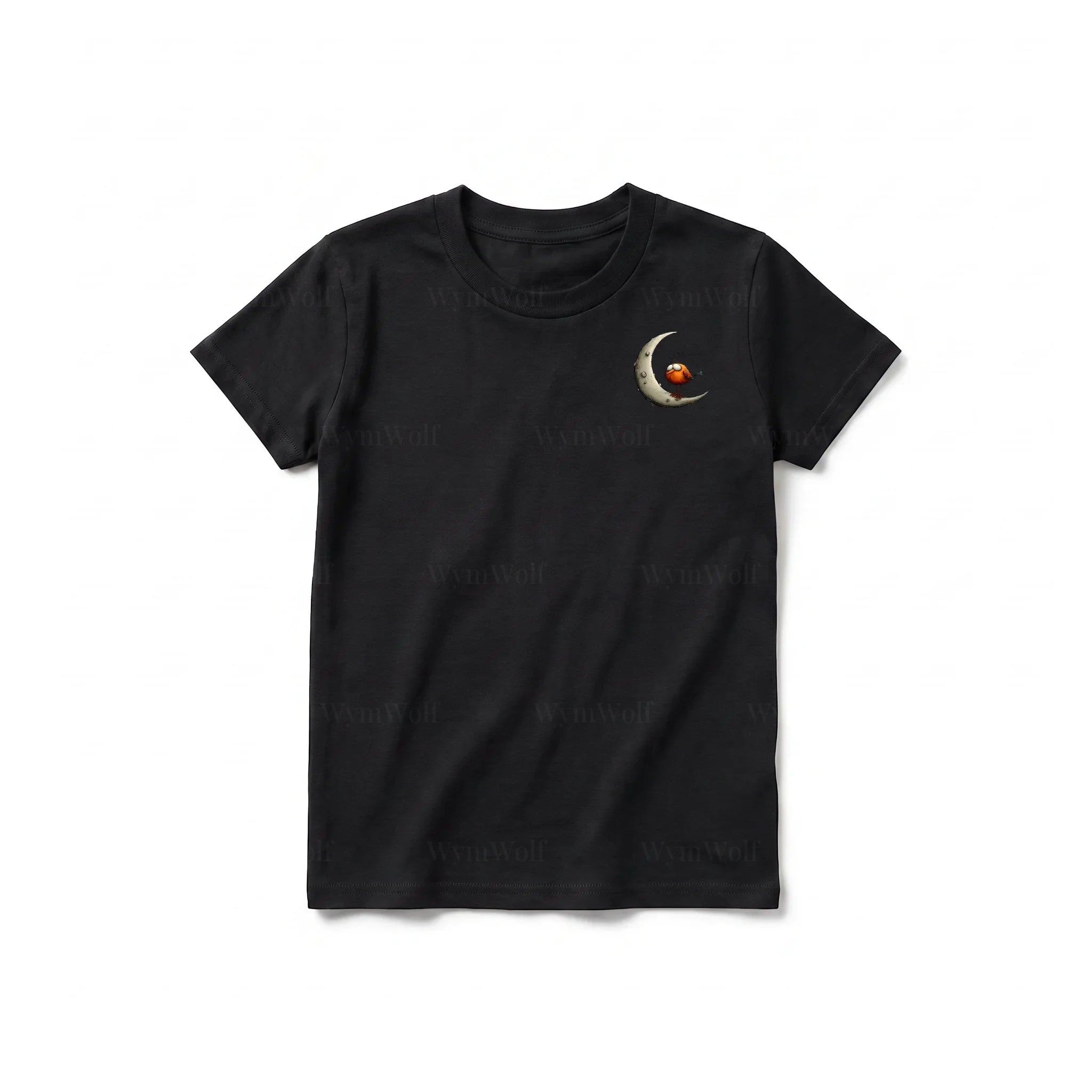 A black short-sleeve crewneck t-shirt for youth featuring a graphic of a quirky bird on the left chest.